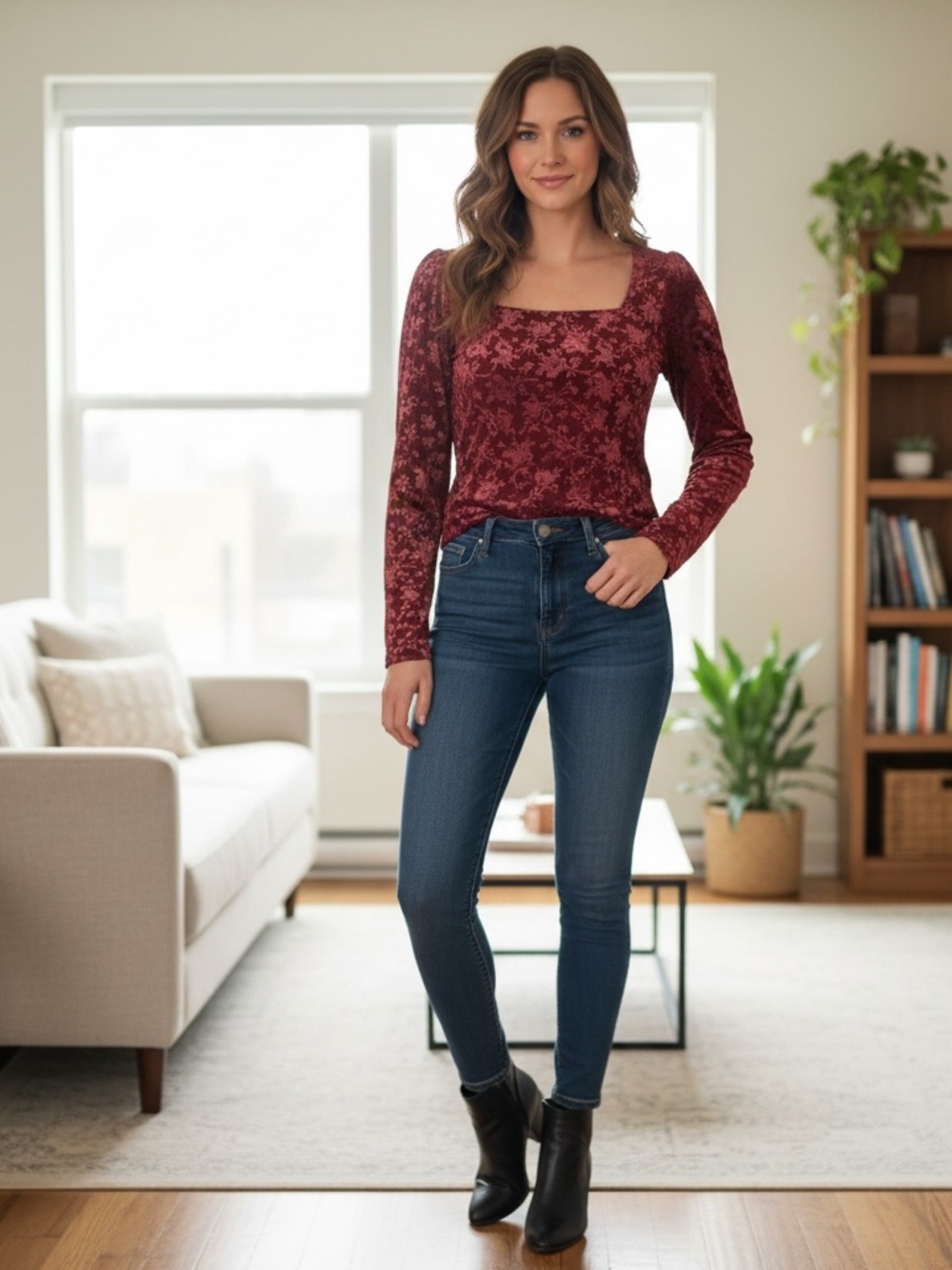 Large maroon long sleeve cropped shirt